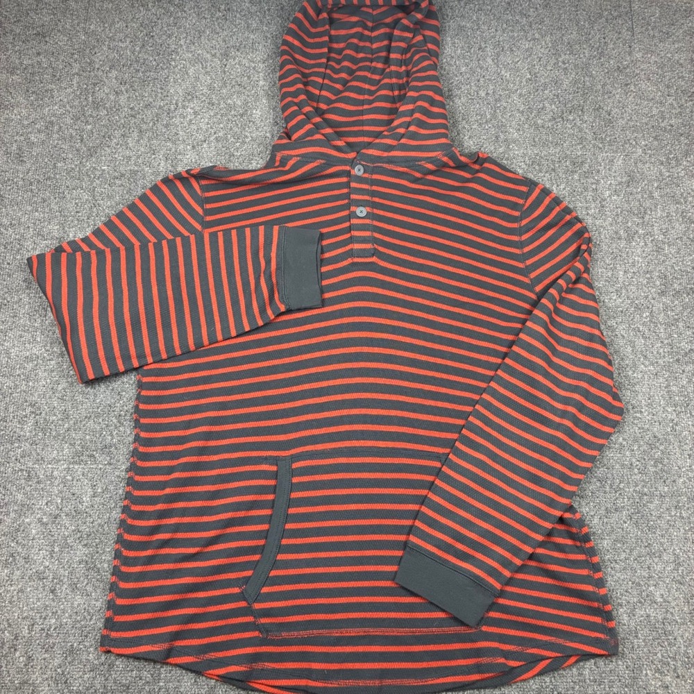 George Mens Size XL Waffle Knit Thermal Hoodie Striped Henley Grey Orange NEW